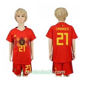 Camisolas de Futebol Bélgica Carrasco 21 Criança Equipamento Principal Copa do Mundo 2018 Manga Curta